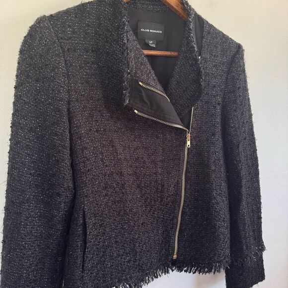 Club Monaco Women's Black Sparkly Fringed Tweed Moto Jacket Zippered Size Small - Picture 5 of 8